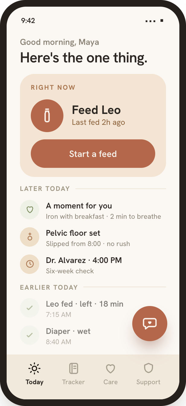 Fourth Health Today screen with feeding, medication, and appointment reminders